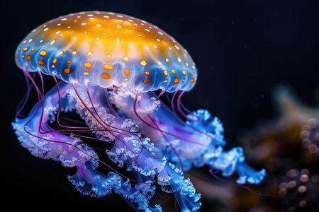 The marine jellyfish glows with luminescent against of the dark sea professional photographyの素材