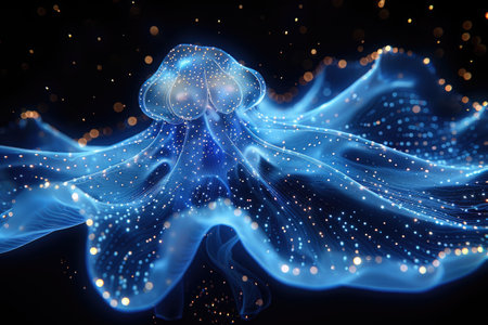 The marine jellyfish glows with luminescent against of the dark sea professional photographyの素材