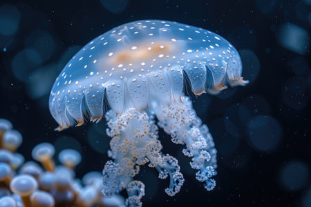 The marine jellyfish glows with luminescent against of the dark sea professional photographyの素材