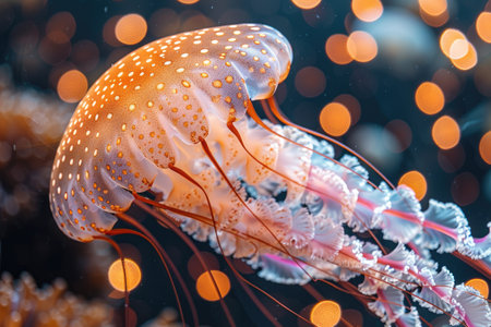 The marine jellyfish glows with luminescent against of the dark sea professional photographyの素材