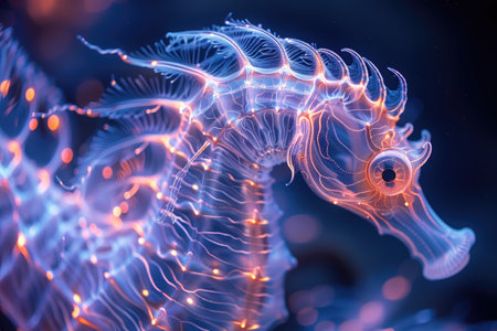 The marine seahorse glows with luminescent against of the dark sea professional photographyの素材