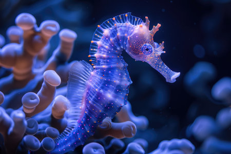 The marine seahorse glows with luminescent against of the dark sea professional photographyの素材