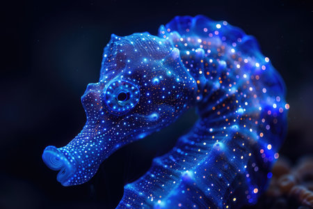 The marine seahorse glows with luminescent against of the dark sea professional photographyの素材