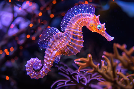 The marine seahorse glows with luminescent against of the dark sea professional photographyの素材