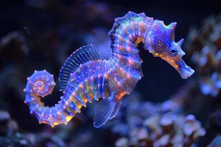 The marine seahorse glows with luminescent against of the dark sea professional photographyの素材