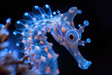 The marine seahorse glows with luminescent against of the dark sea professional photographyの素材