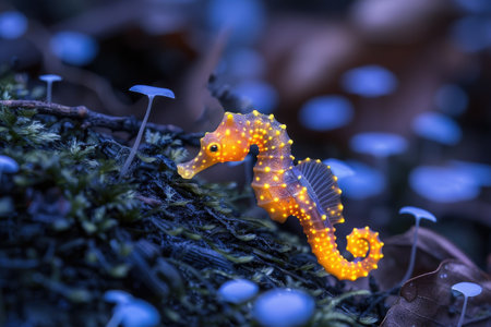 The marine seahorse glows with luminescent against of the dark sea professional photographyの素材