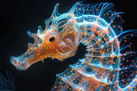 The marine seahorse glows with luminescent against of the dark sea professional photographyの素材