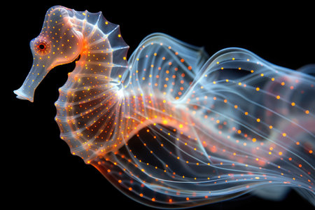 The marine seahorse glows with luminescent against of the dark sea professional photographyの素材