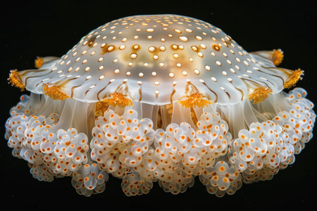 The marine jellyfish glows with luminescent against of the dark sea professional photographyの素材