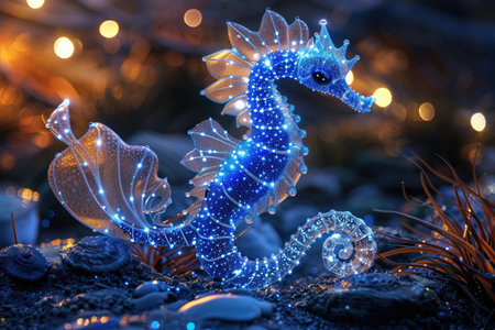 The marine seahorse glows with luminescent against of the dark sea professional photographyの素材