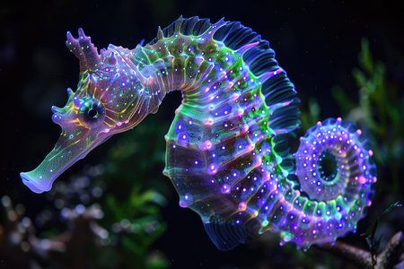 The marine seahorse glows with luminescent against of the dark sea professional photographyの素材