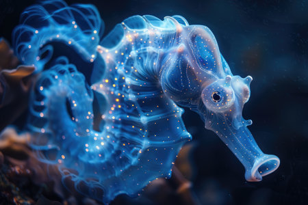 The marine seahorse glows with luminescent against of the dark sea professional photographyの素材