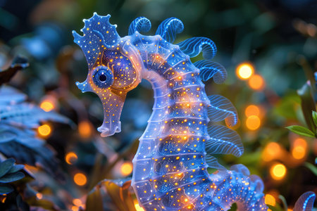 The marine seahorse glows with luminescent against of the dark sea professional photographyの素材