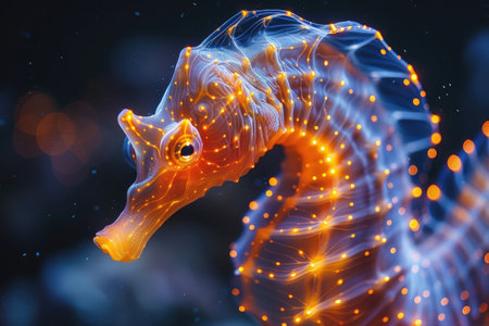 The marine seahorse glows with luminescent against of the dark sea professional photographyの素材