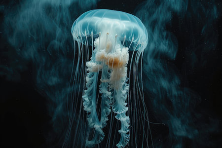The marine jellyfish glows with luminescent against of the dark sea professional photographyの素材