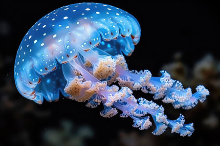 The marine jellyfish glows with luminescent against of the dark sea professional photographyの素材