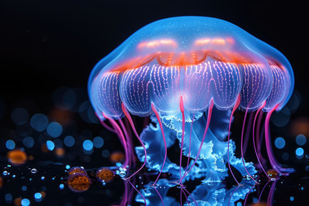 The marine jellyfish glows with luminescent against of the dark sea professional photographyの素材
