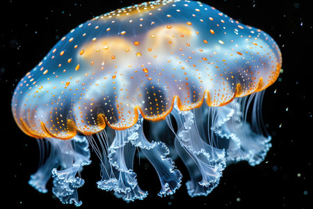 The marine jellyfish glows with luminescent against of the dark sea professional photographyの素材