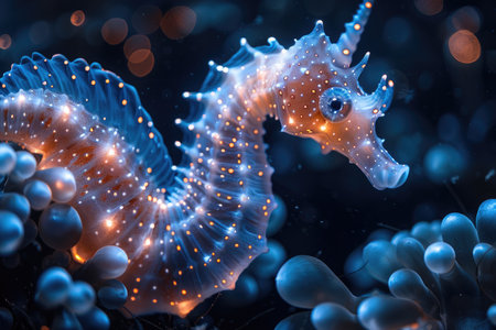 The marine seahorse glows with luminescent against of the dark sea professional photographyの素材