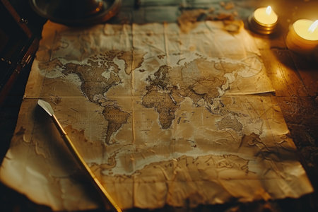 A map of world  is placed on a table with a brass compass and a quill professional photographyの素材