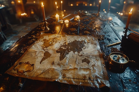 A map of world  is placed on a table with a brass compass and a quill professional photographyの素材
