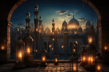 islamic greeting card for Ramadan kareem or ied mubarak backgroundの素材