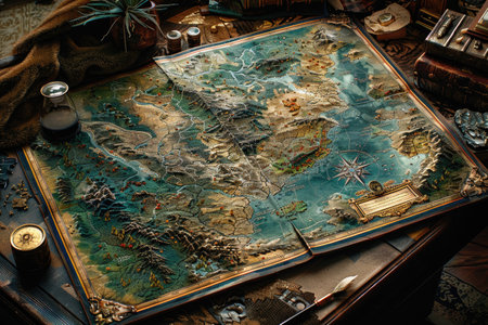 A map of world  is placed on a table with a brass compass and a quill professional photographyの素材