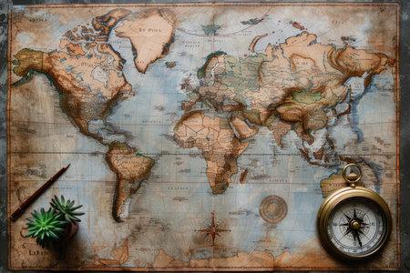 A map of world  is placed on a table with a brass compass and a quill professional photographyの素材