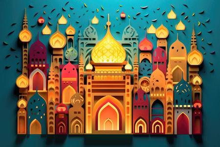 layered paper cutout islamic greeting card for Ramadan kareem or ied mubarak backgroundの素材