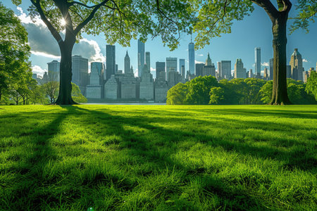 New York City Manhattan Central Park with skyscrapers and green grassの素材