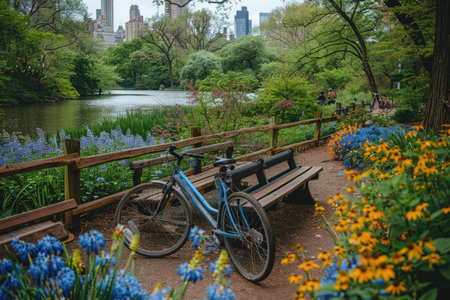 Lush city park with park benches and city skyline bicycles as background professional photographyの素材