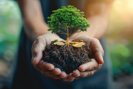 Illustration of hands holding tree growing and coins professional photographyの素材