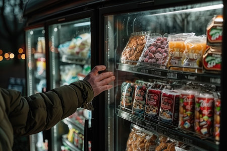 Reaching into the fridge at the grocery store professional photographyの素材