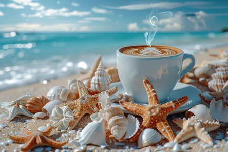 the warm steaming cup of coffee with gentle morning scene background professional photographyの素材