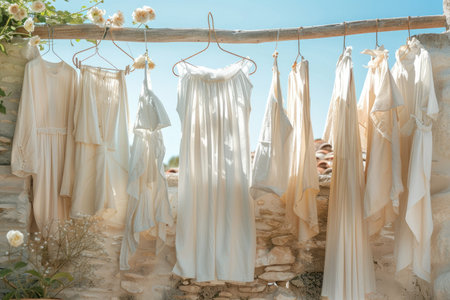 Freshly washed clothes hanging on the balcony with a bright blue sky professional photographyの素材