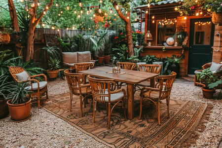 Garden outdoor dining area with wooden chairs and table professional photographyの素材