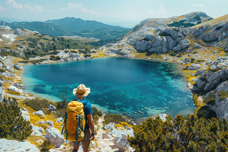mountaineering in front of lake with mountain landscape professional photographyの素材