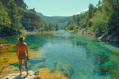 mountaineering in front of lake with mountain landscape professional photographyの素材