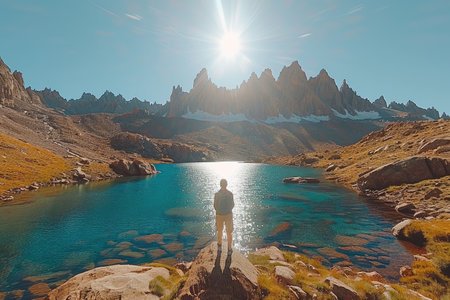 mountaineering in front of lake with mountain landscape professional photographyの素材