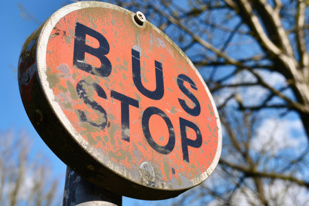 Bus stop signs are signs that indicate places where public transport buses may stop and allow passengers to enter or exitの素材