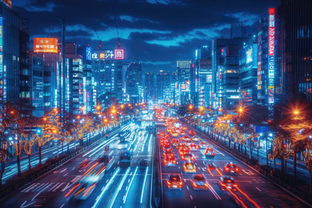 urban city bustling street with bright lights professional photographyの素材