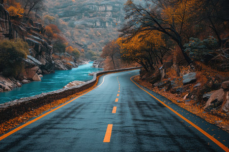 the river along with a road going through the border of the road professional photographyの素材