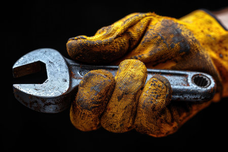 Hand holding wrench as symbol of labor day greeting card professional photographyの素材