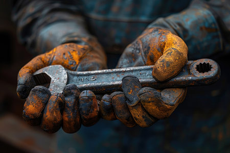 Hand holding wrench as symbol of labor day greeting card professional photographyの素材