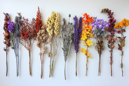 An Assortment of Colorful Dried Flowers and Plants Arranged in a Row on a Whiteの素材