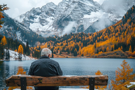 Man Contemplates the Beauty of an Autumn Mountainの素材