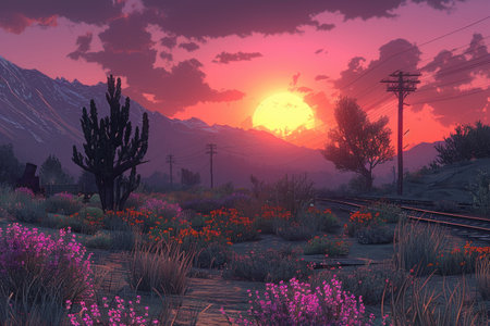 Desert sunset over cacti and wildflowers by railroad tracksの素材