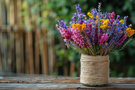 Rustic charm of a vibrant wildflower bouquet in a burlap vase on a wooden tableの素材