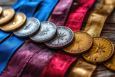 Medals with colorful ribbons on a wooden surfaceの素材